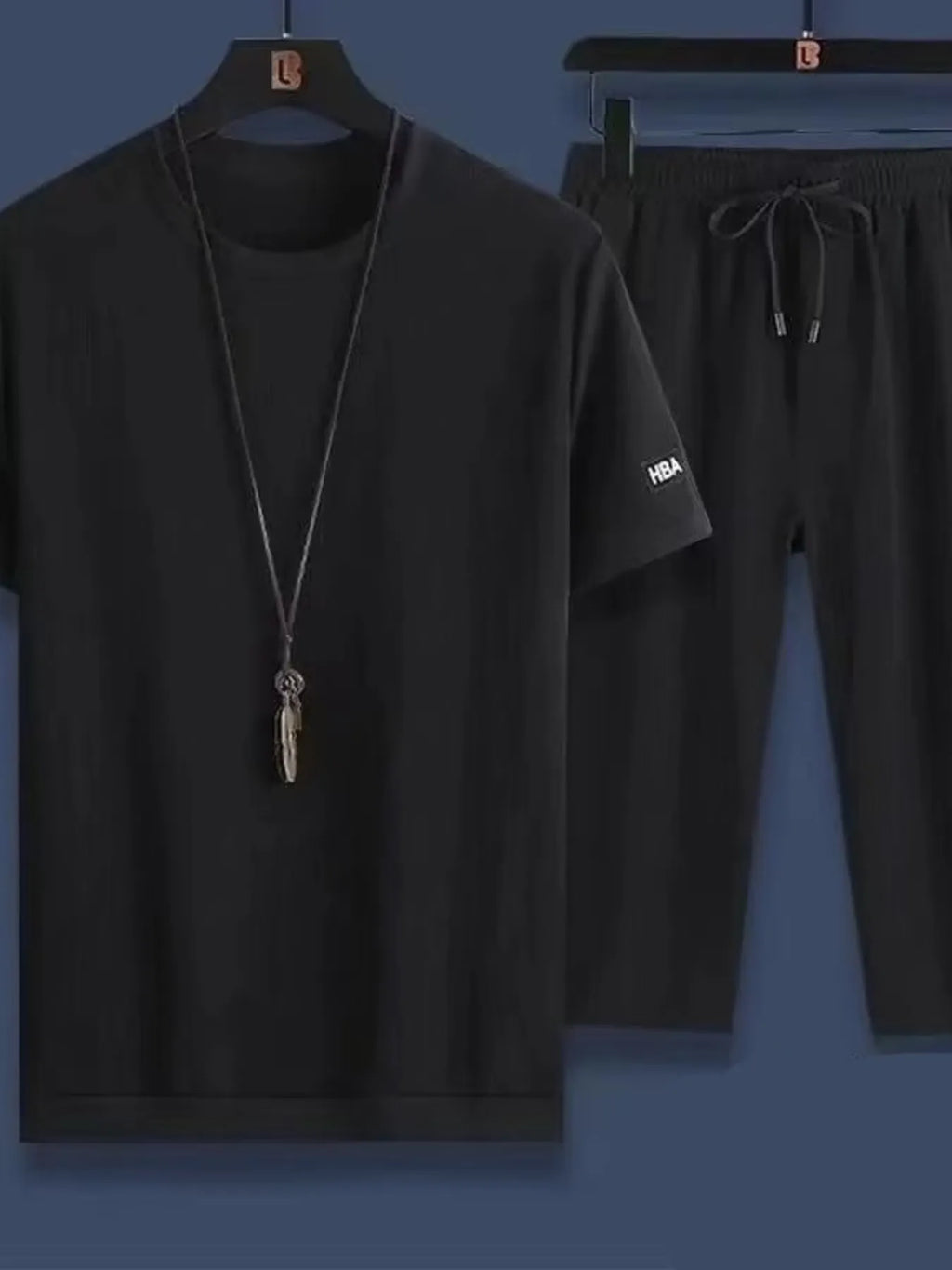 Plus Size Round Neck Short Sleeve Top and Shorts Set in Black for Men