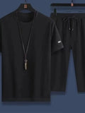 Plus Size Round Neck Short Sleeve Top and Shorts Set in Black for Men