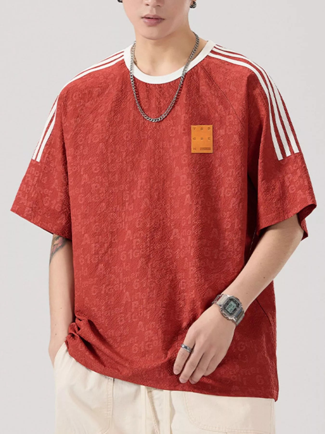 Striped Shoulder Relaxed Fit T-Shirt Plus Size in Black for Men
