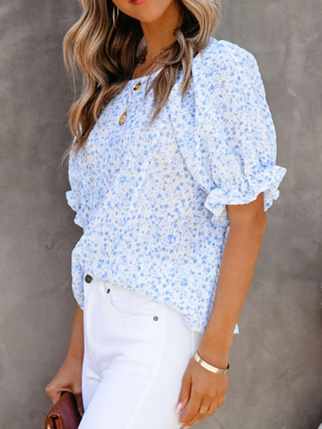 Floral Print Ruffle Sleeve Blouse Plus Size in Sky Blue for Women