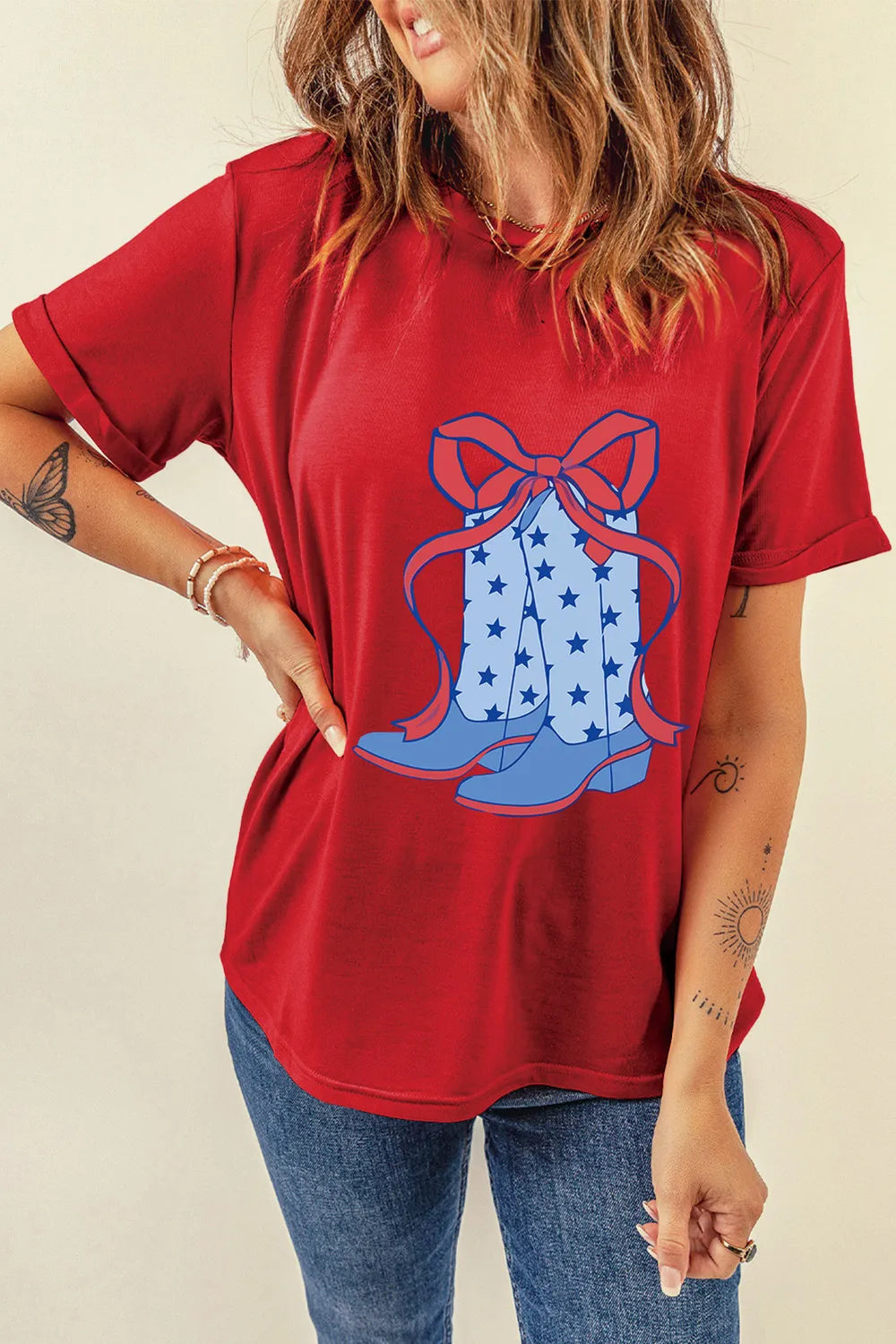 Boot Graphic Round Neck Short Sleeve T-Shirt in Deep Red for Women