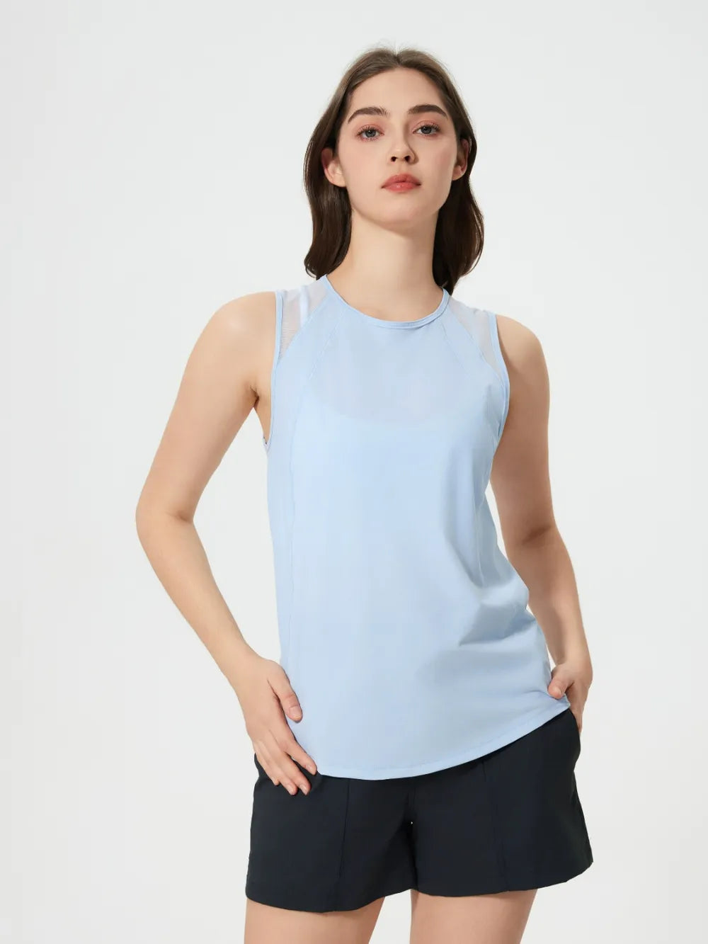 Cutout Back Round Neck Active Tank in Teal for Women