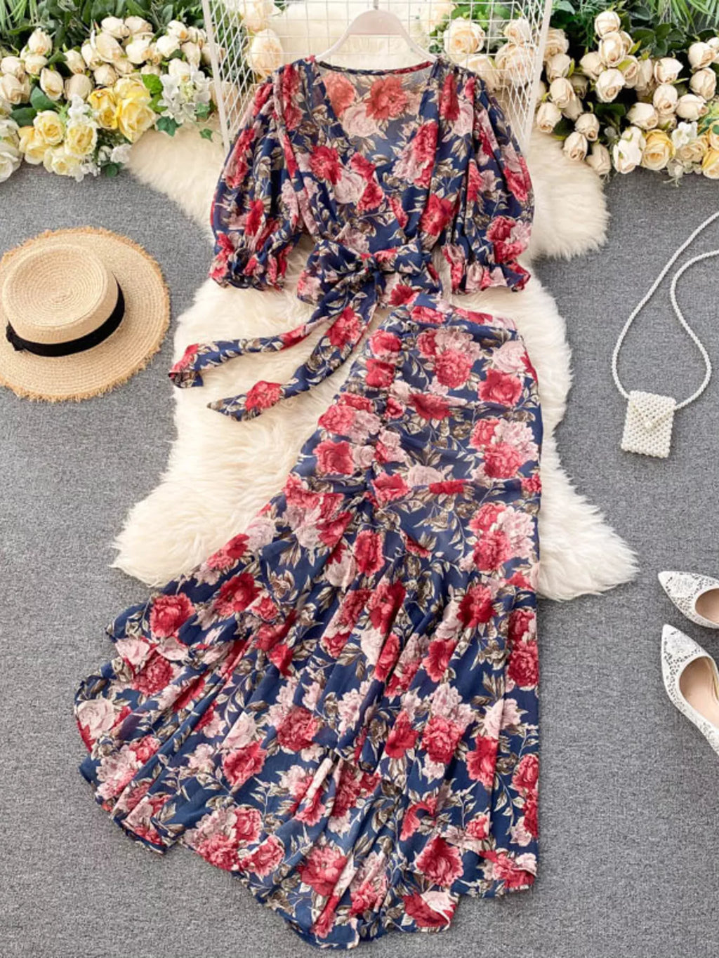 Floral Print Crop Top and Skirt Set in Yellow for Women