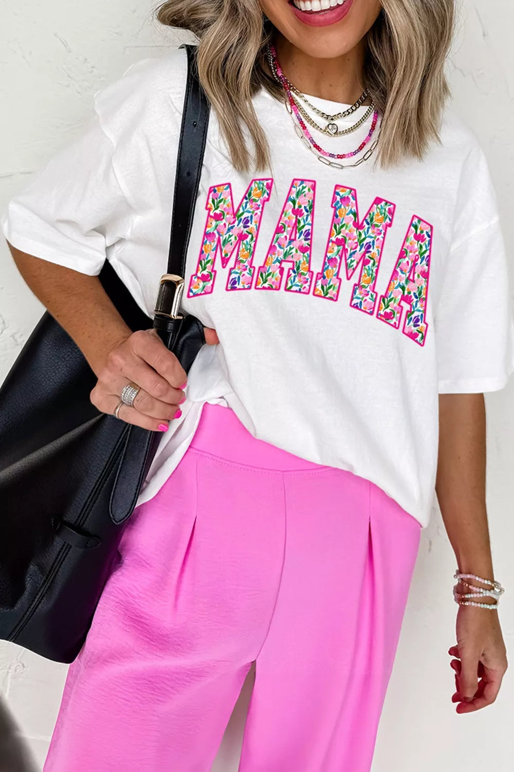 Floral Mama Graphic Casual Short Sleeve T-Shirt Plus Size in White for Women