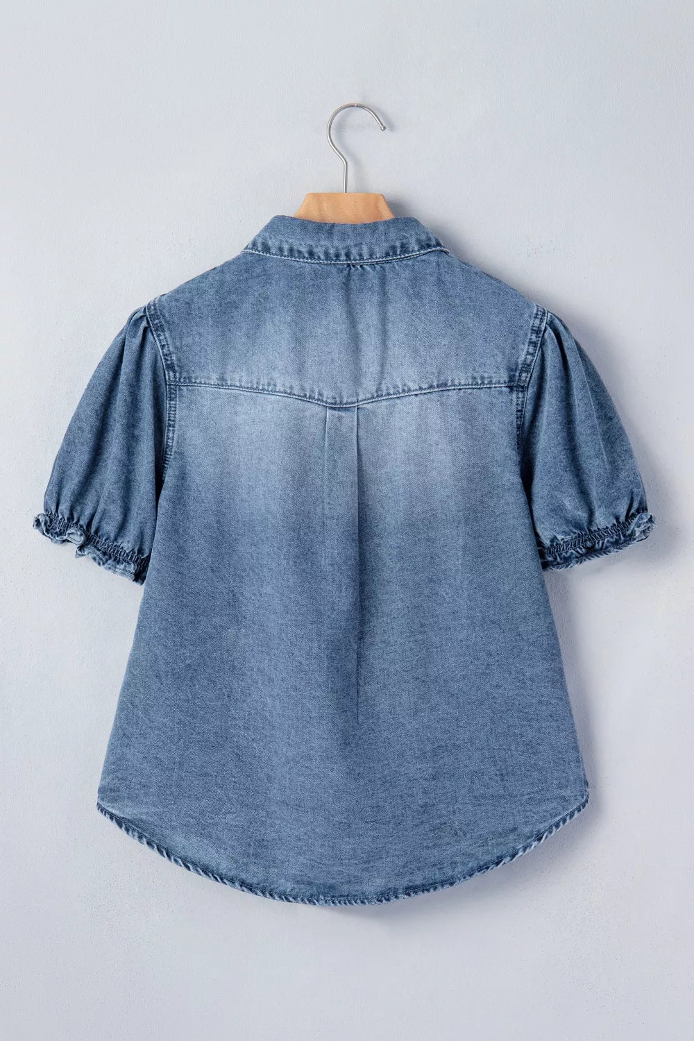Frilled Short Sleeve Snap Button Denim Shirt for Women