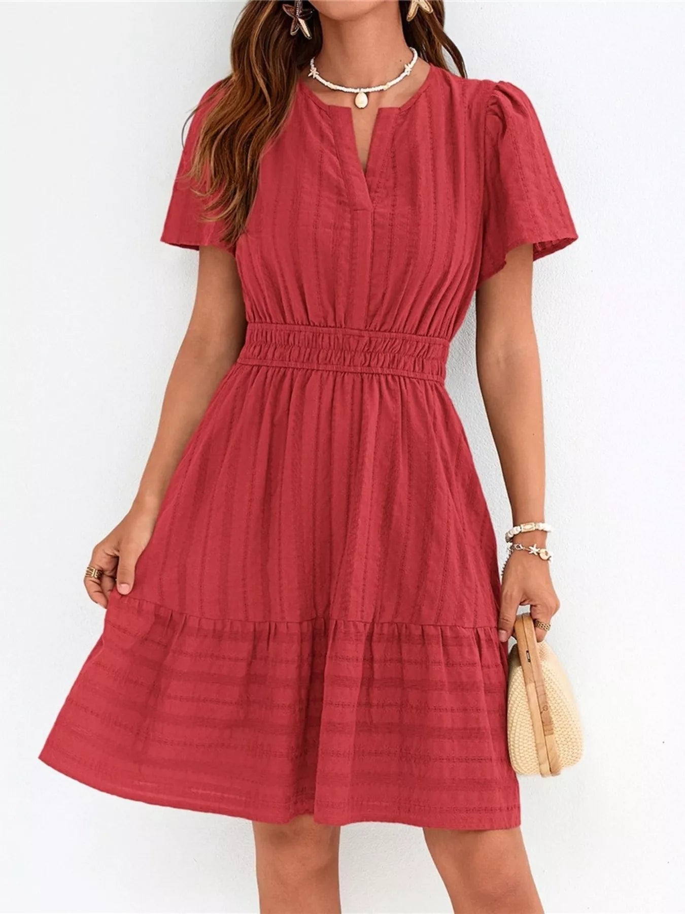 Short Sleeve Smocked Waist Tiered Dress in Black for Women