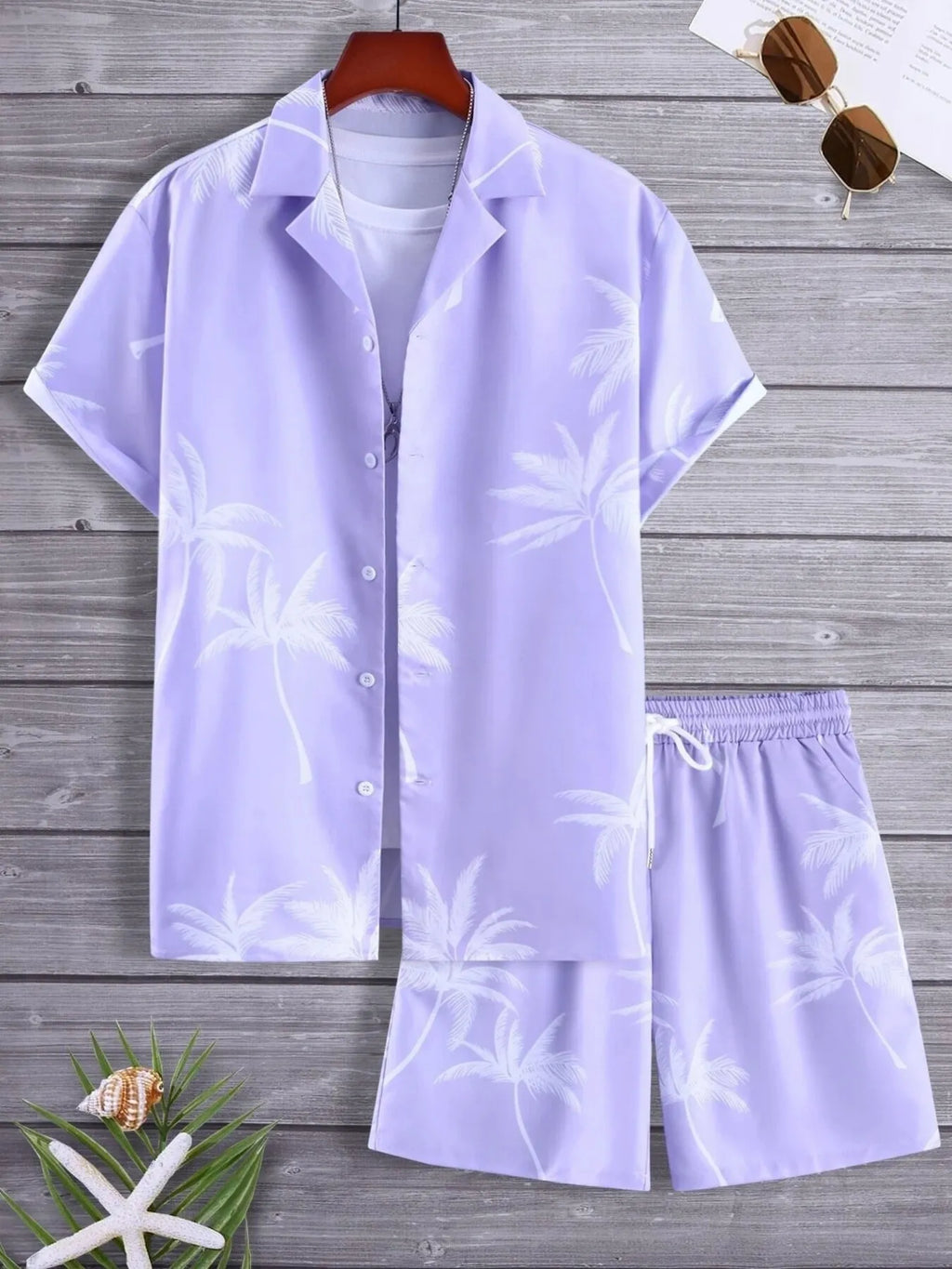 Palm Print Button Up Shirt and Shorts Set Plus Size in Black for Men