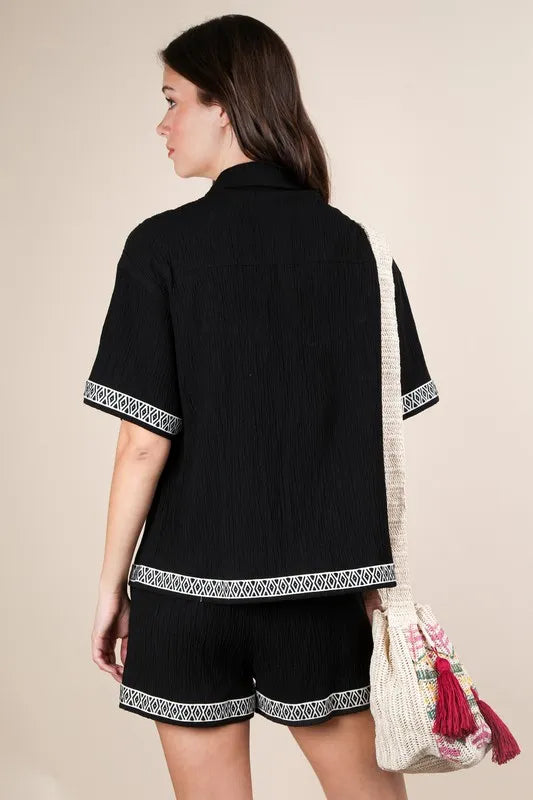 Crinkled Woven Shirt Top & Shorts Set for Women