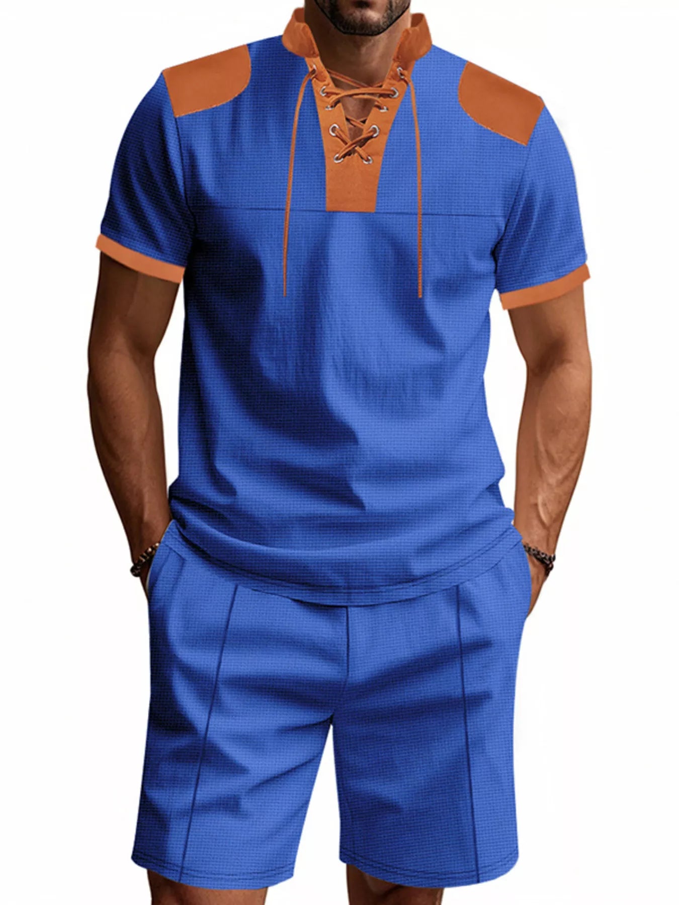 Lace-Up Collar Casual Top and Shorts Set Plus Size in White for Men