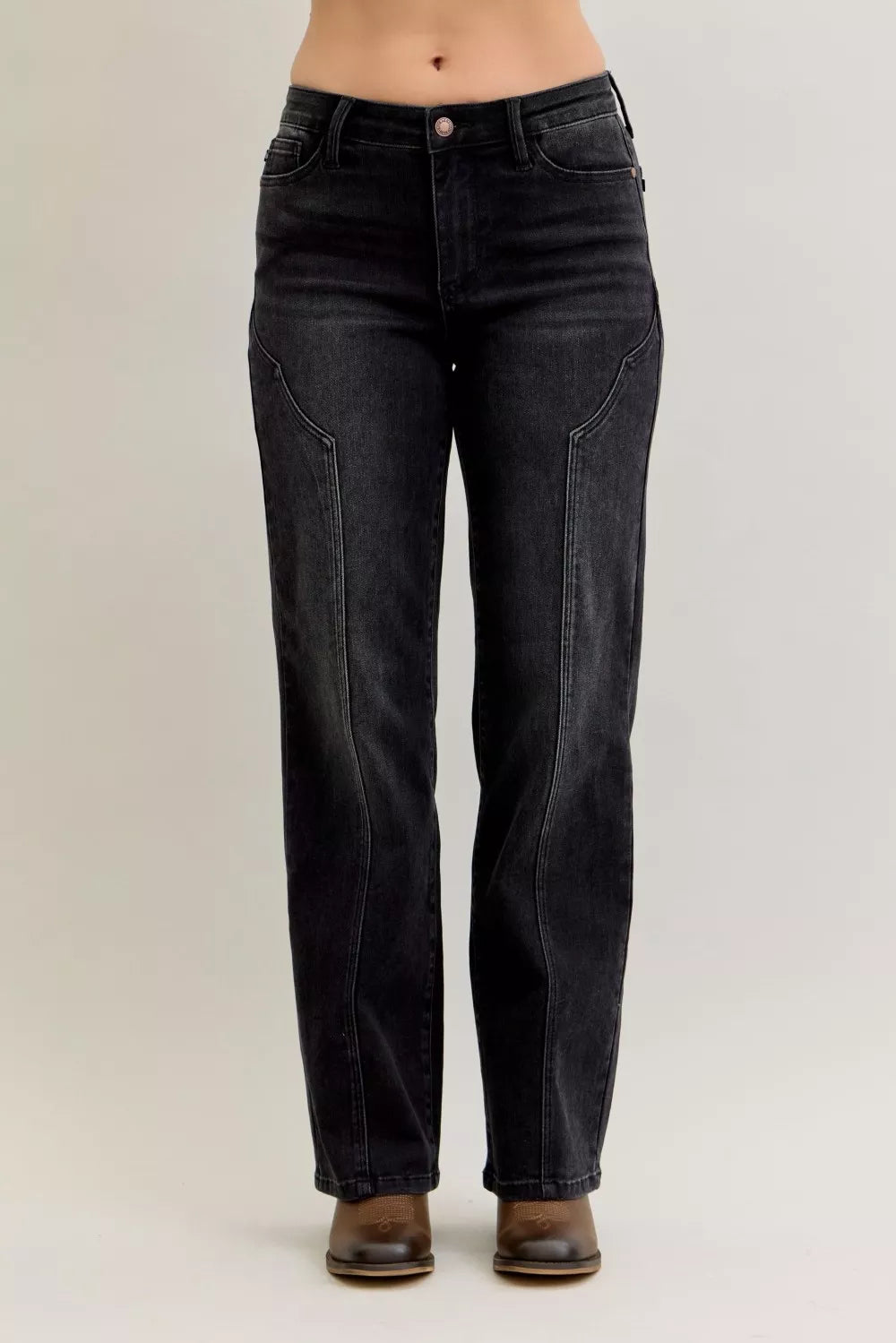 Mid Rise Straight Western Seam Detail Jeans in Bk for Women