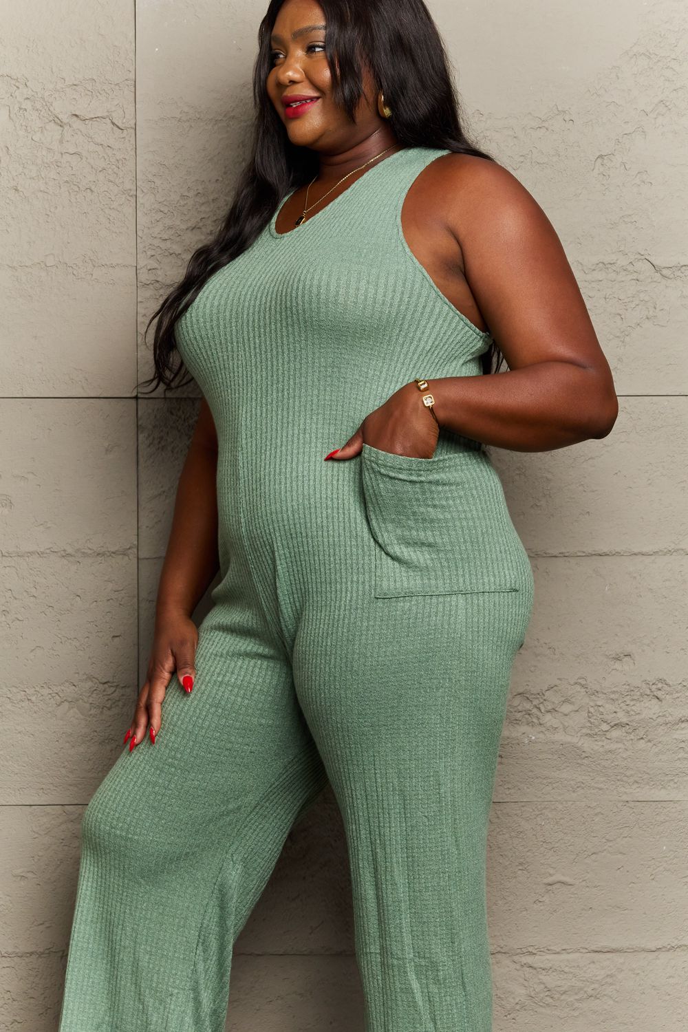 Dont Get It Twisted Plus Size Rib Knit Jumpsuit in Sage for Women