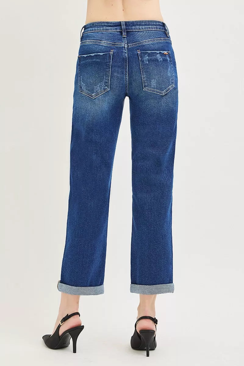 Slouchy Cropped Boyfriend Jeans with Cuffed Hem in Dark for Women