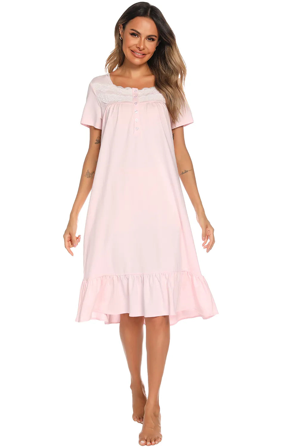Lace Detail Square Neck Lounge Dress in Blush Pink for Women