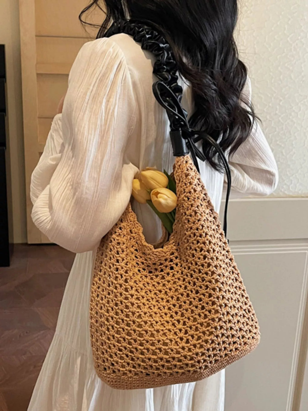 Crochet Shoulder Bag with Ruched Handle for Women