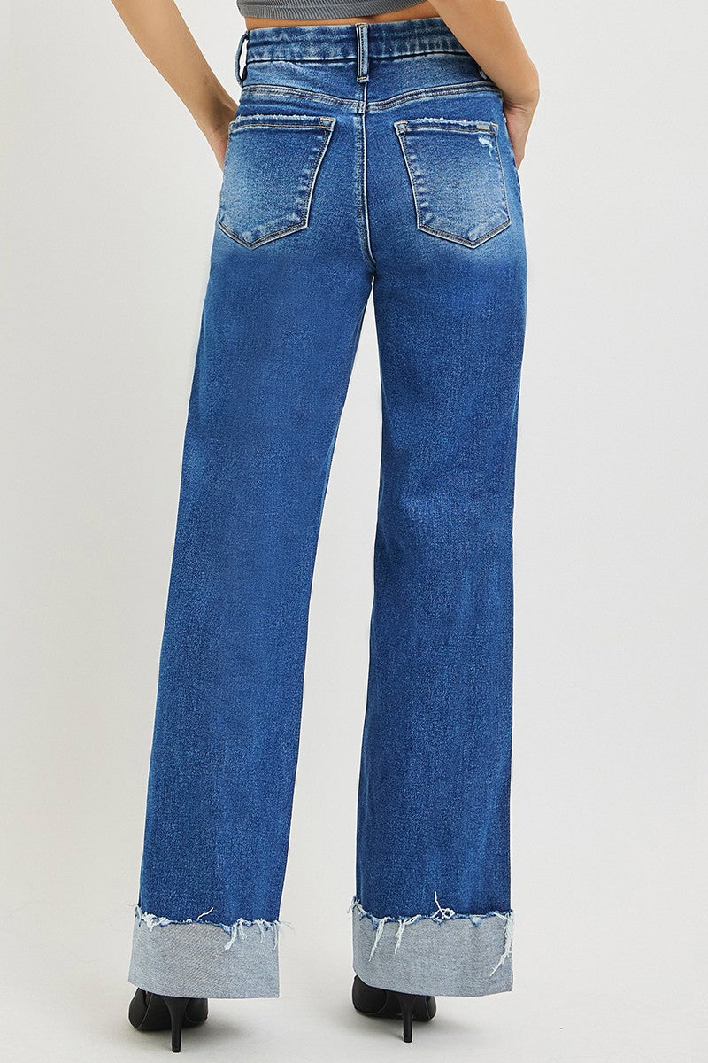High Rise Wide Leg Jeans with Cuffed Hem in Medium for Women
