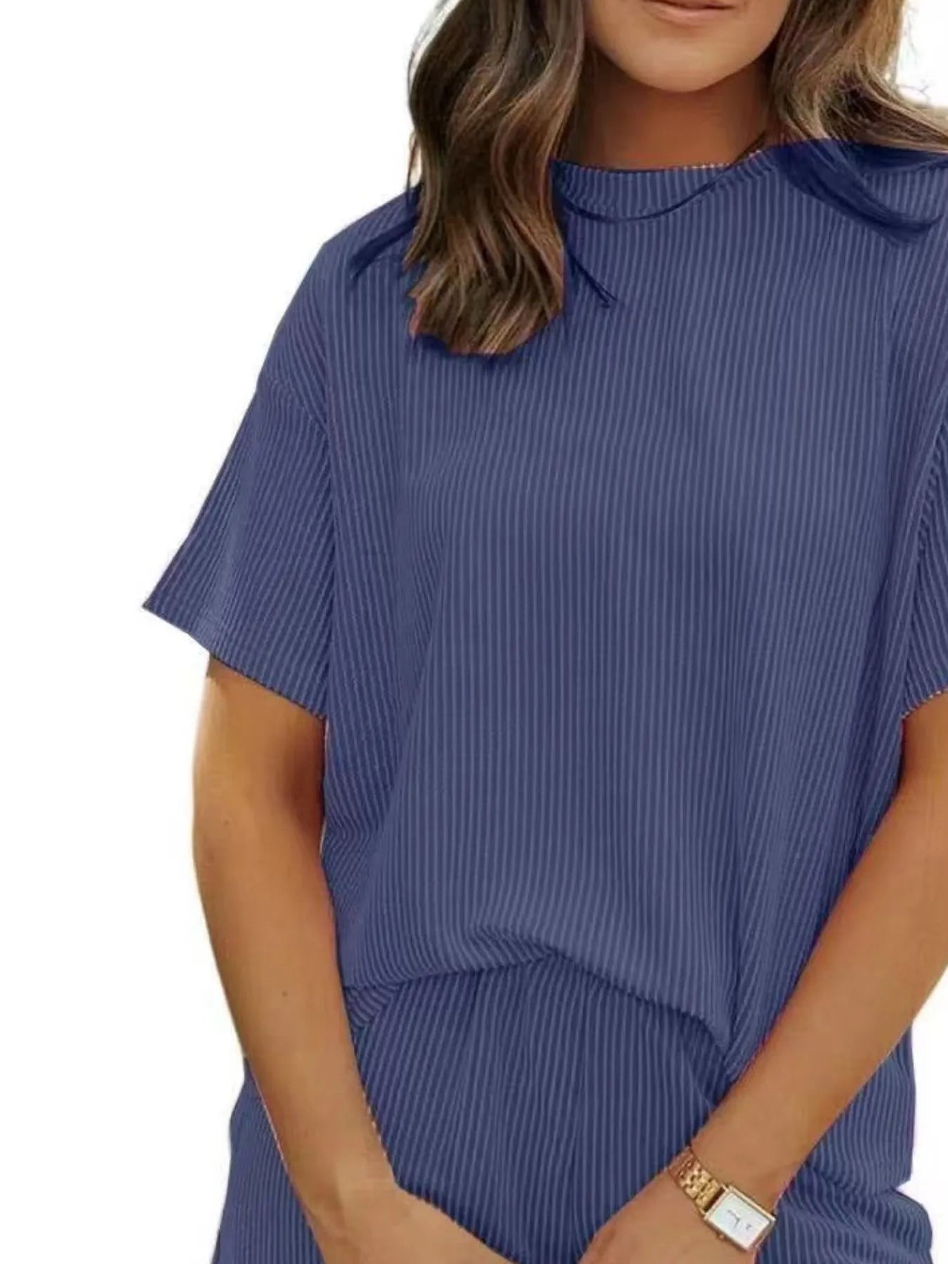 Ribbed Short Sleeve Top and Shorts Two-Piece Set Plus Size in Red for Women