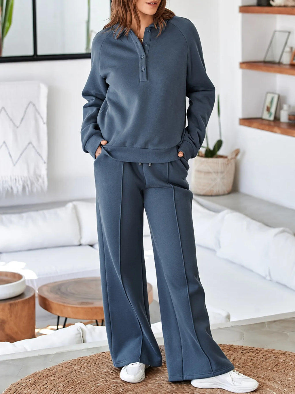 Collared Sweatshirt and High Waist Pants Active Set for Women