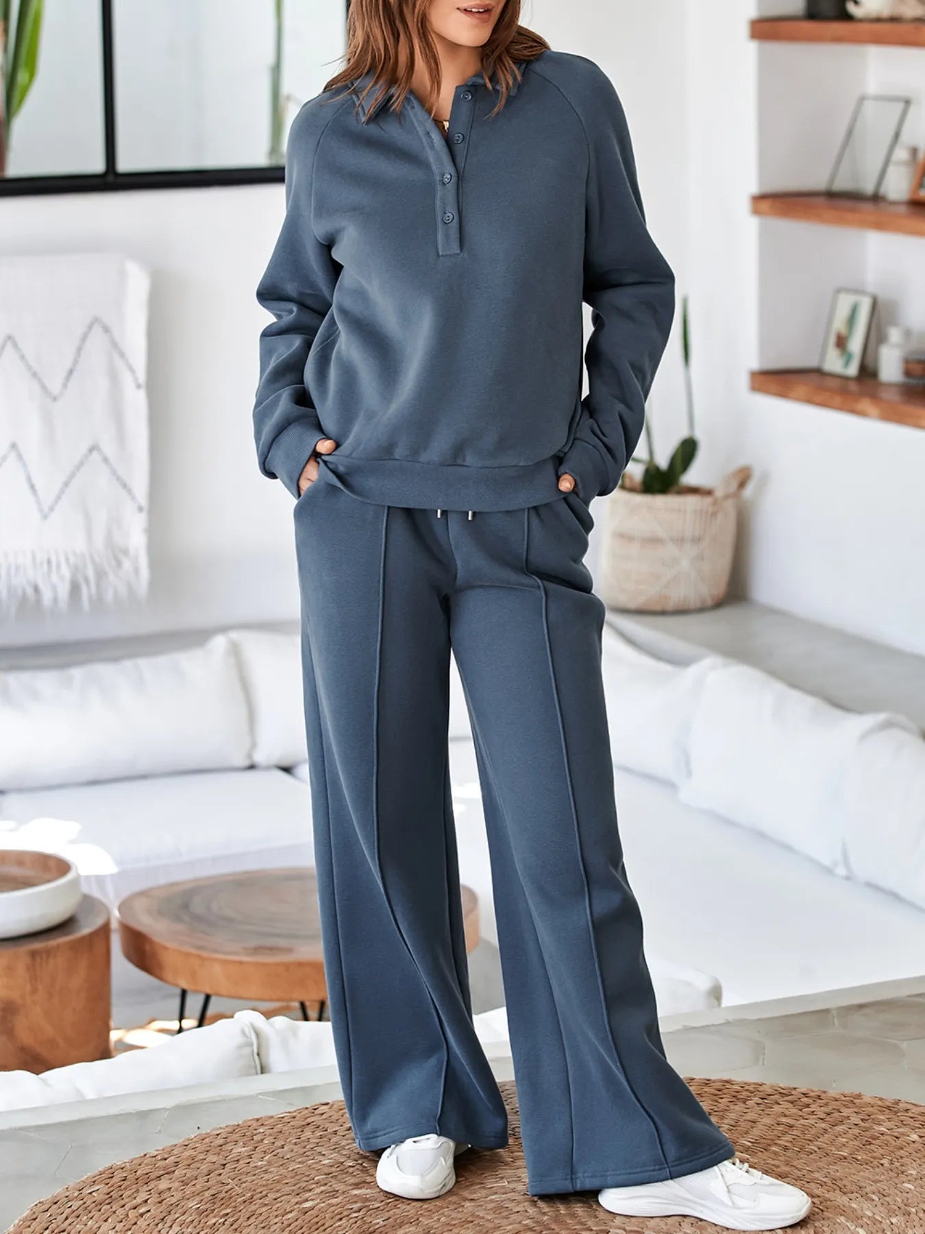 Collared Sweatshirt and High Waist Pants Active Set for Women