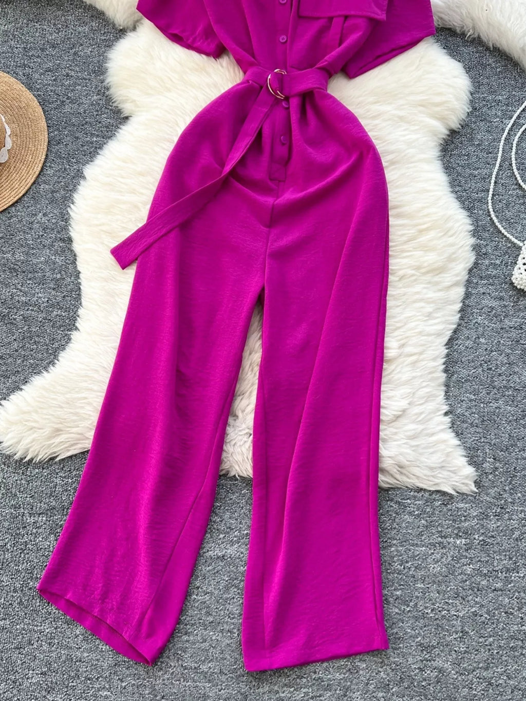 Red Button Front Wide Leg Jumpsuit for Women
