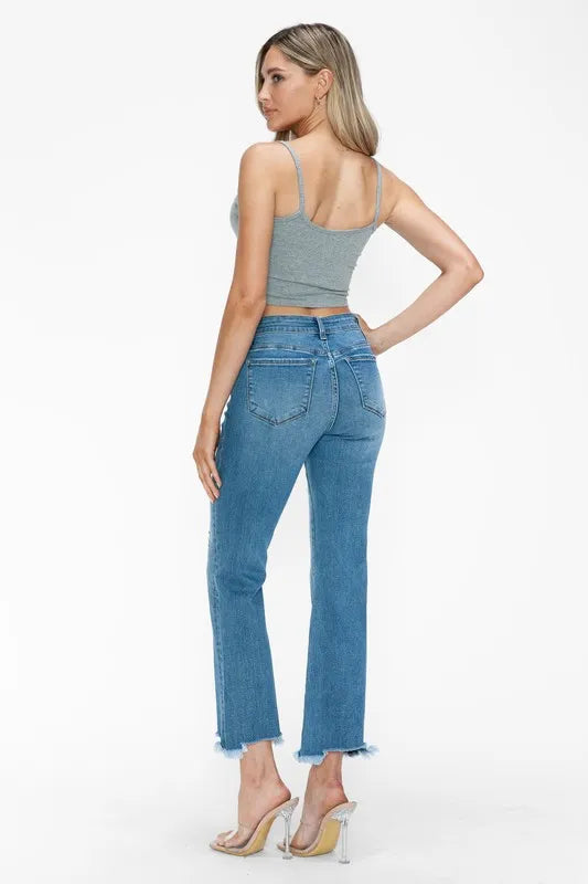 Raw Hem Distressed Mid Rise Crop Jeans in Medium for Women