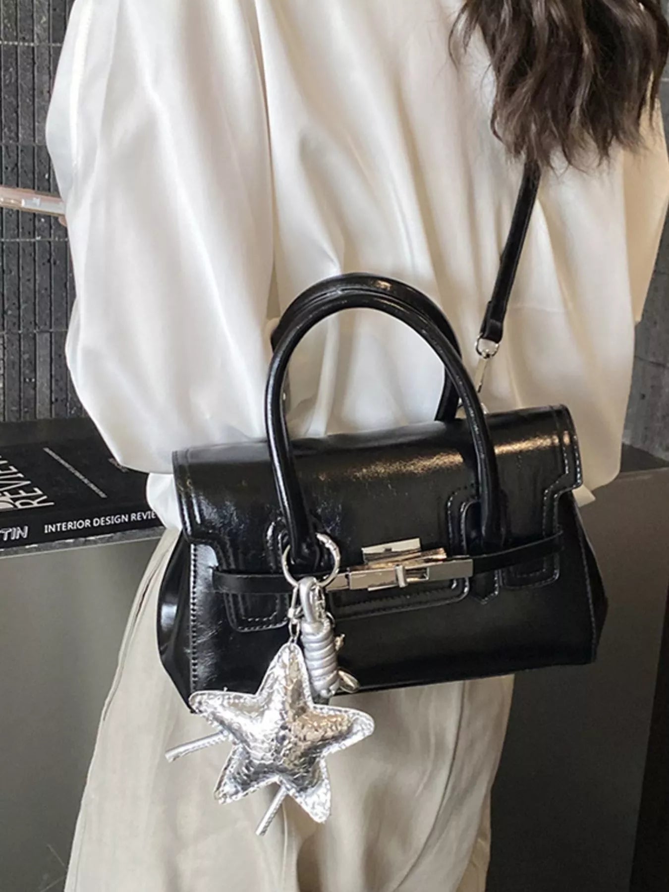 Leather Top Handle Crossbody Bag in Black for Women