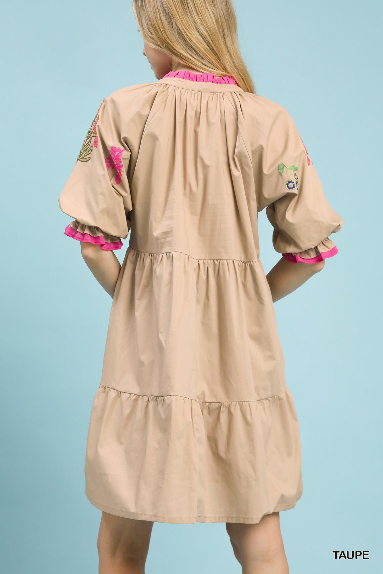 Embroidered Floral Tiered Dress in Taupe for Women