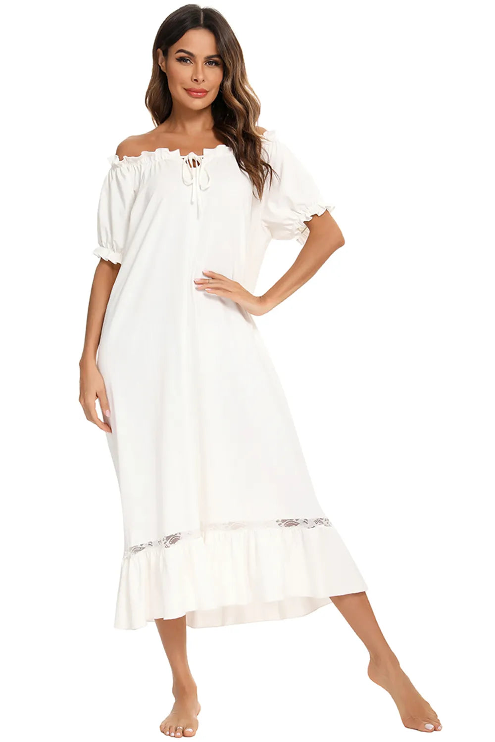 Lace Detail Short Sleeve Lounge Dress in Light Yellow for Women