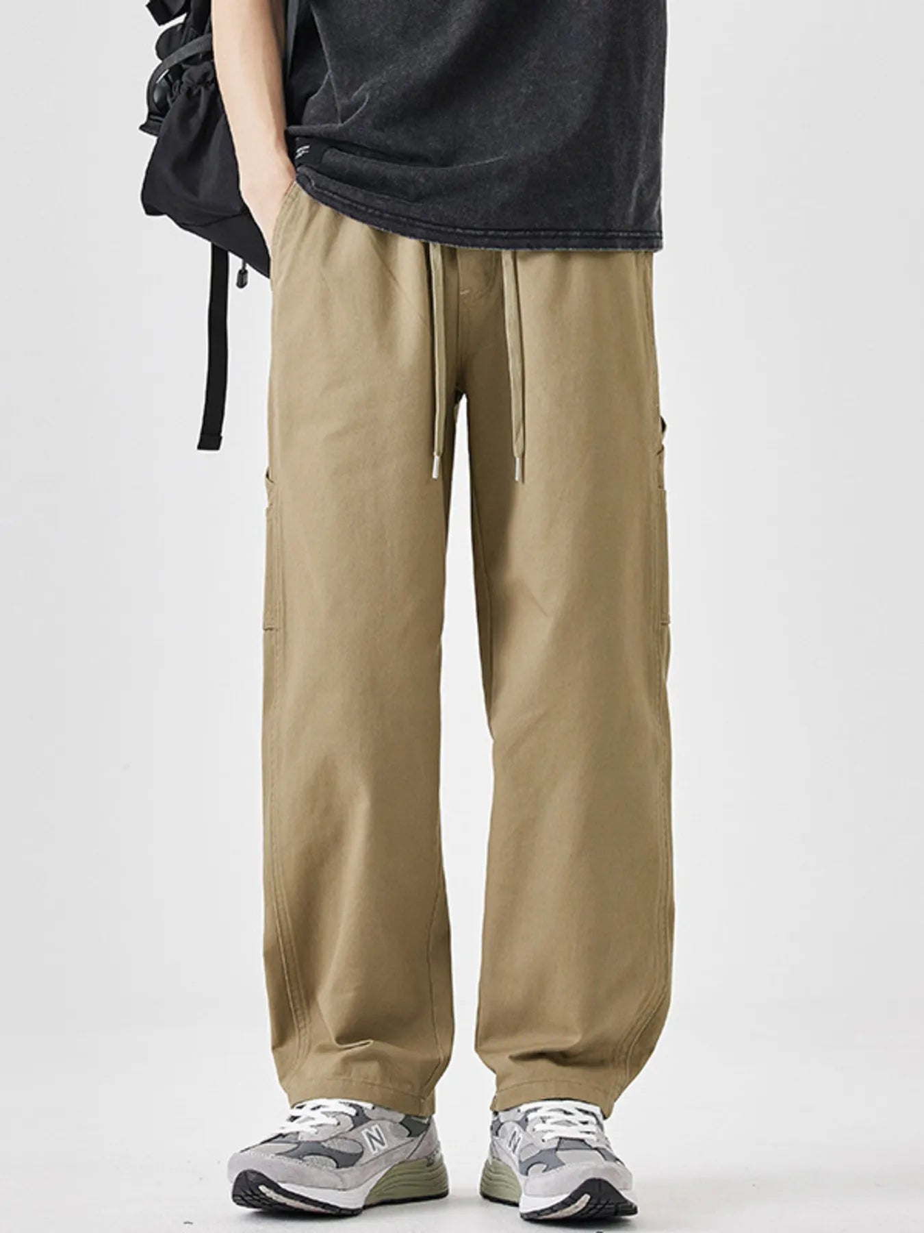 Plus Size Drawstring Wide Leg Pants in Khaki for Men