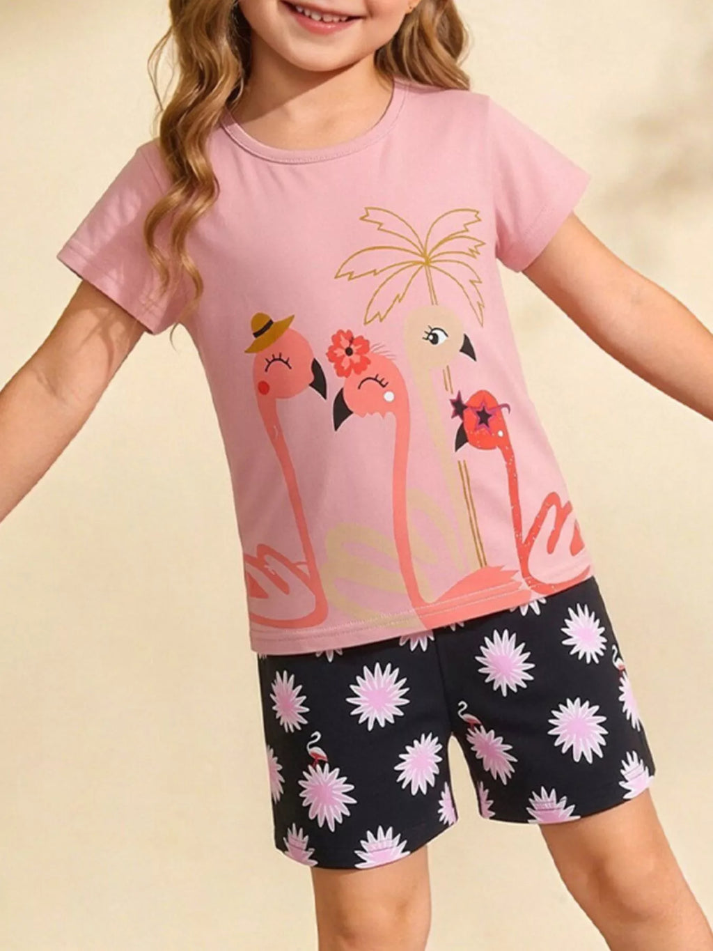 Flamingo Print Tee and Shorts Set in Dusty Pink for Girls
