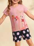 Flamingo Print Tee and Shorts Set in Dusty Pink for Girls
