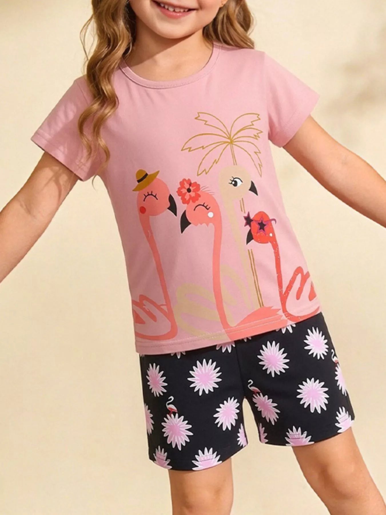 Flamingo Print Tee and Shorts Set in Dusty Pink for Girls