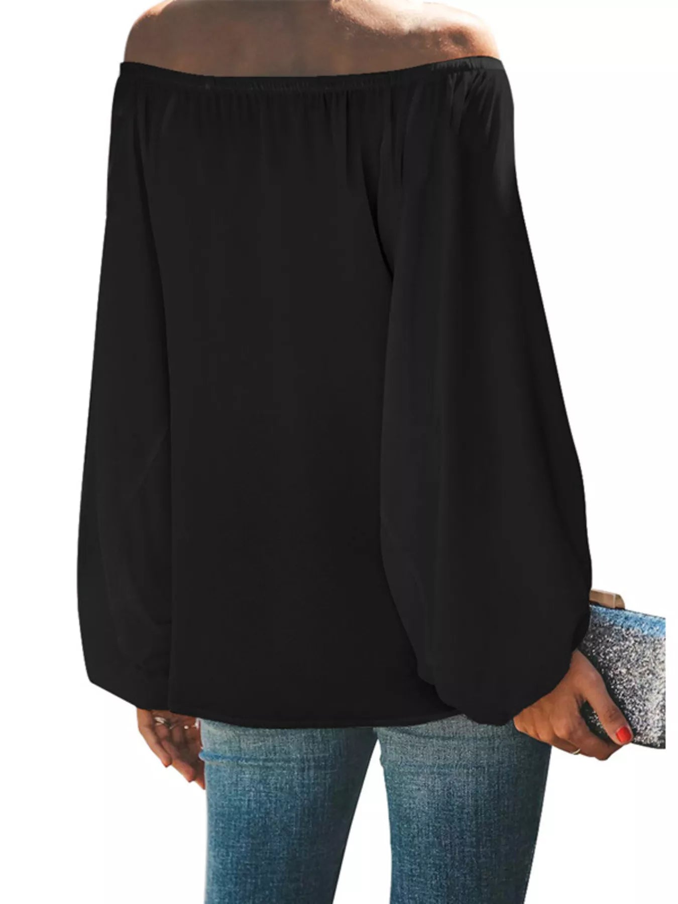 Off-Shoulder Balloon Sleeve Blouse Plus Size in Green for Women
