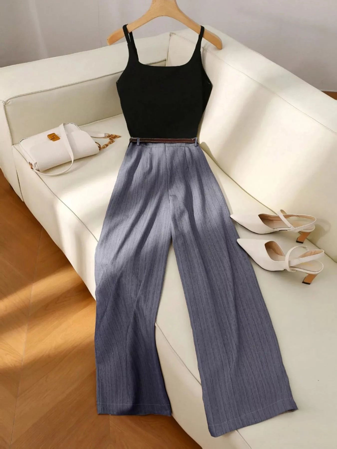 Sleeveless Top and Wide Leg Pants Set in Dark Gray for Women