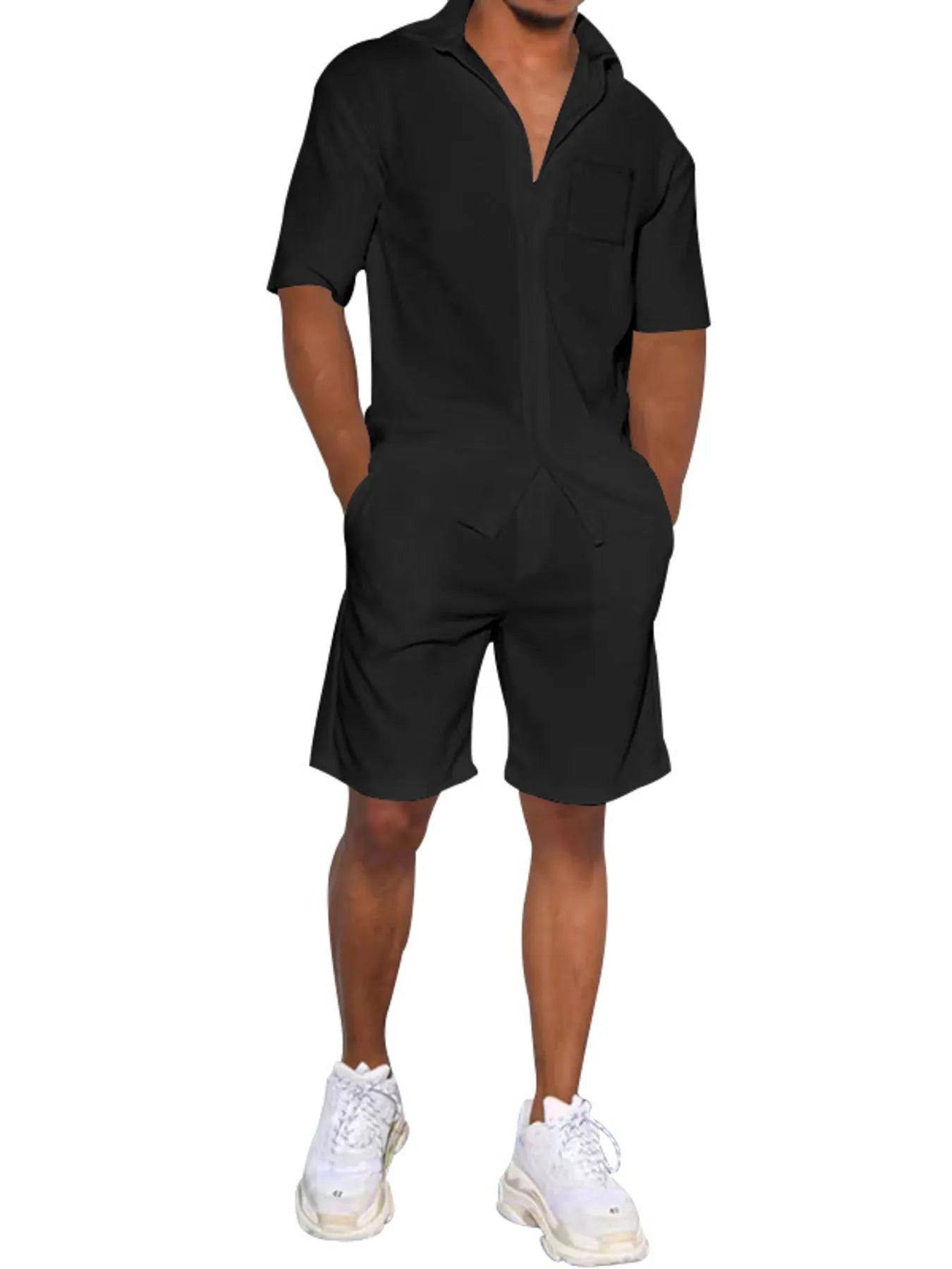 Plus Size Button Up Shirt and Shorts Set in White for Men