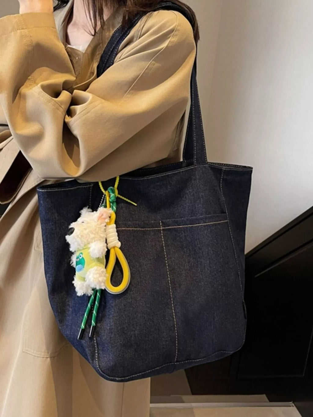 Denim Shoulder Bag with Cute Charm for Women