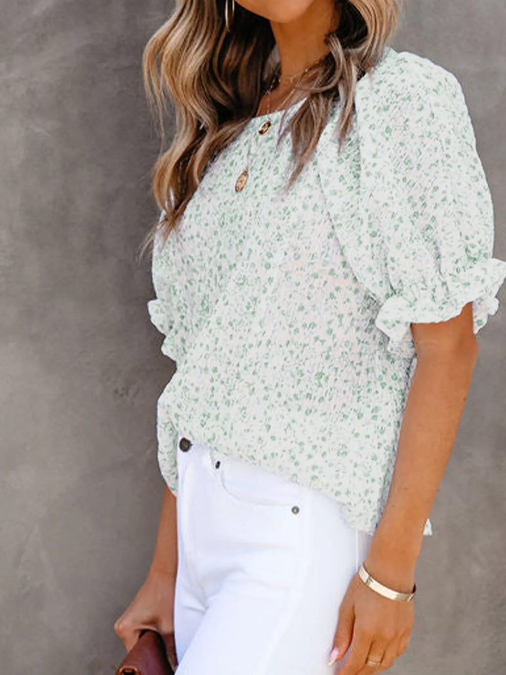 Floral Print Ruffle Sleeve Blouse Plus Size in Pink for Women