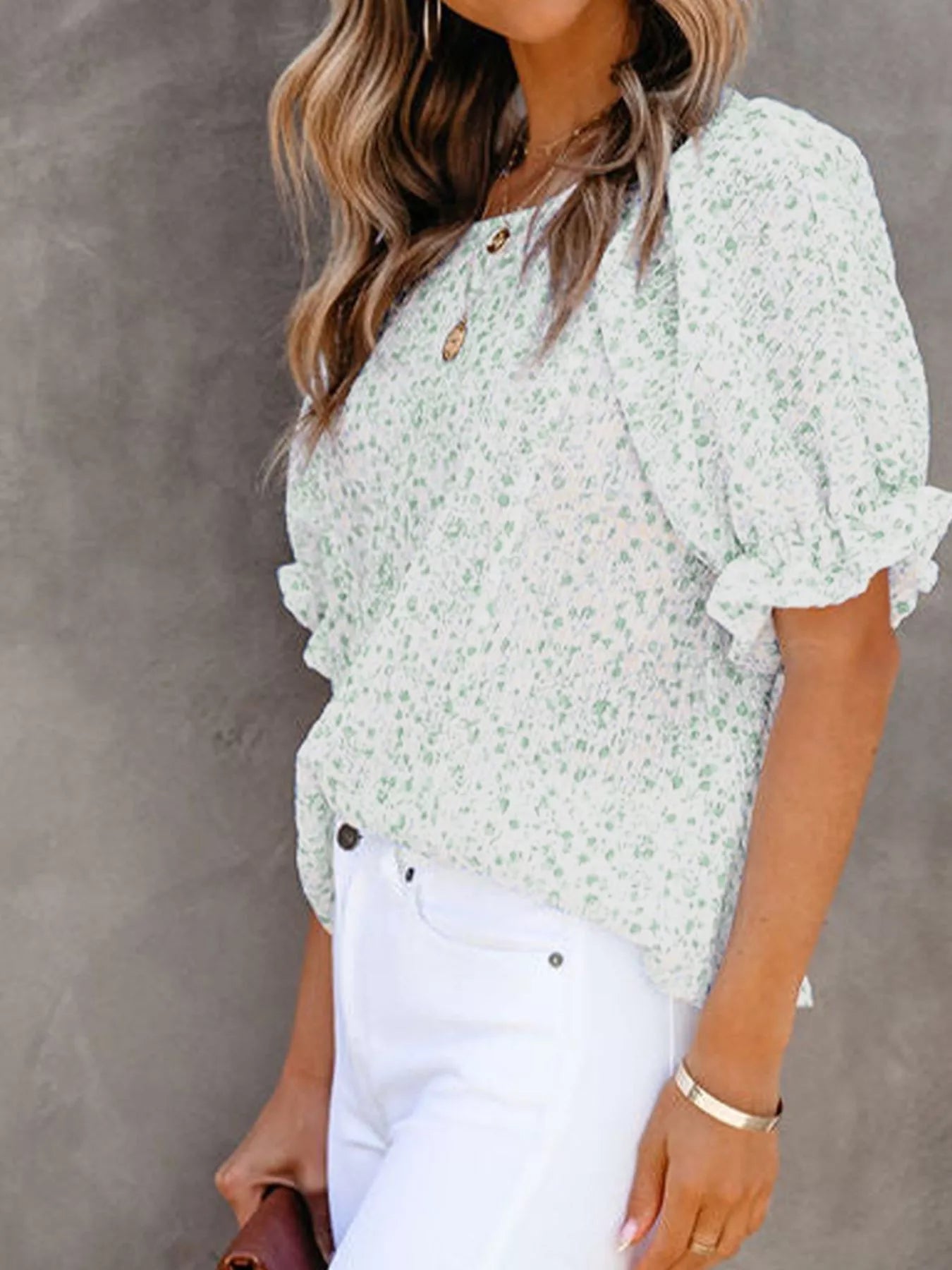 Floral Print Ruffle Sleeve Blouse Plus Size in Pink for Women