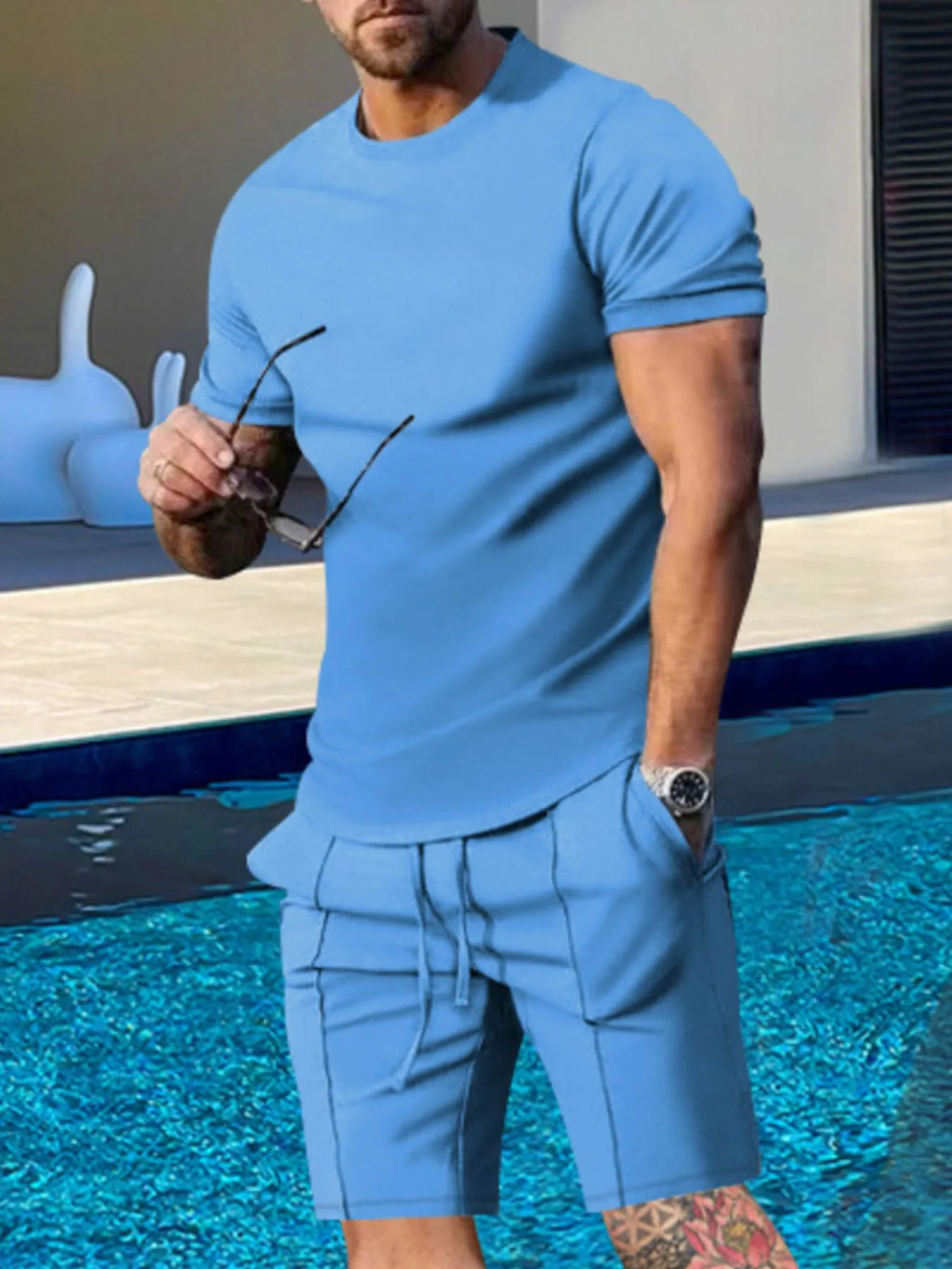 Plus Size Round Neck Short Sleeve Top and Shorts Set in Light Gray for Men