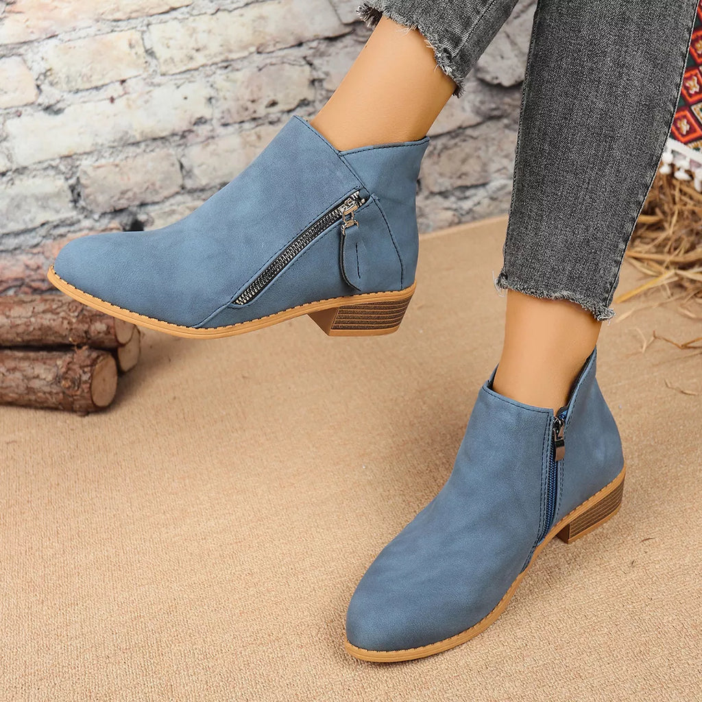 Size Zipper Block Heels Boots in Black for Women