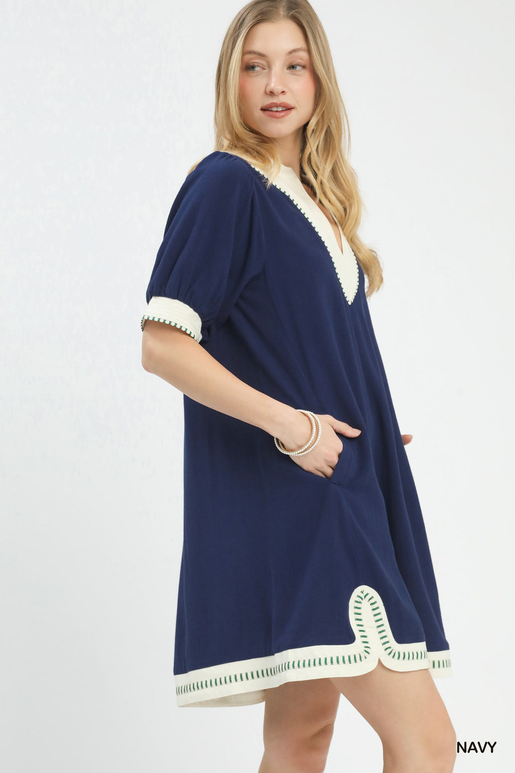 Linen Contrast Trim Midi Dress in Navy for Women