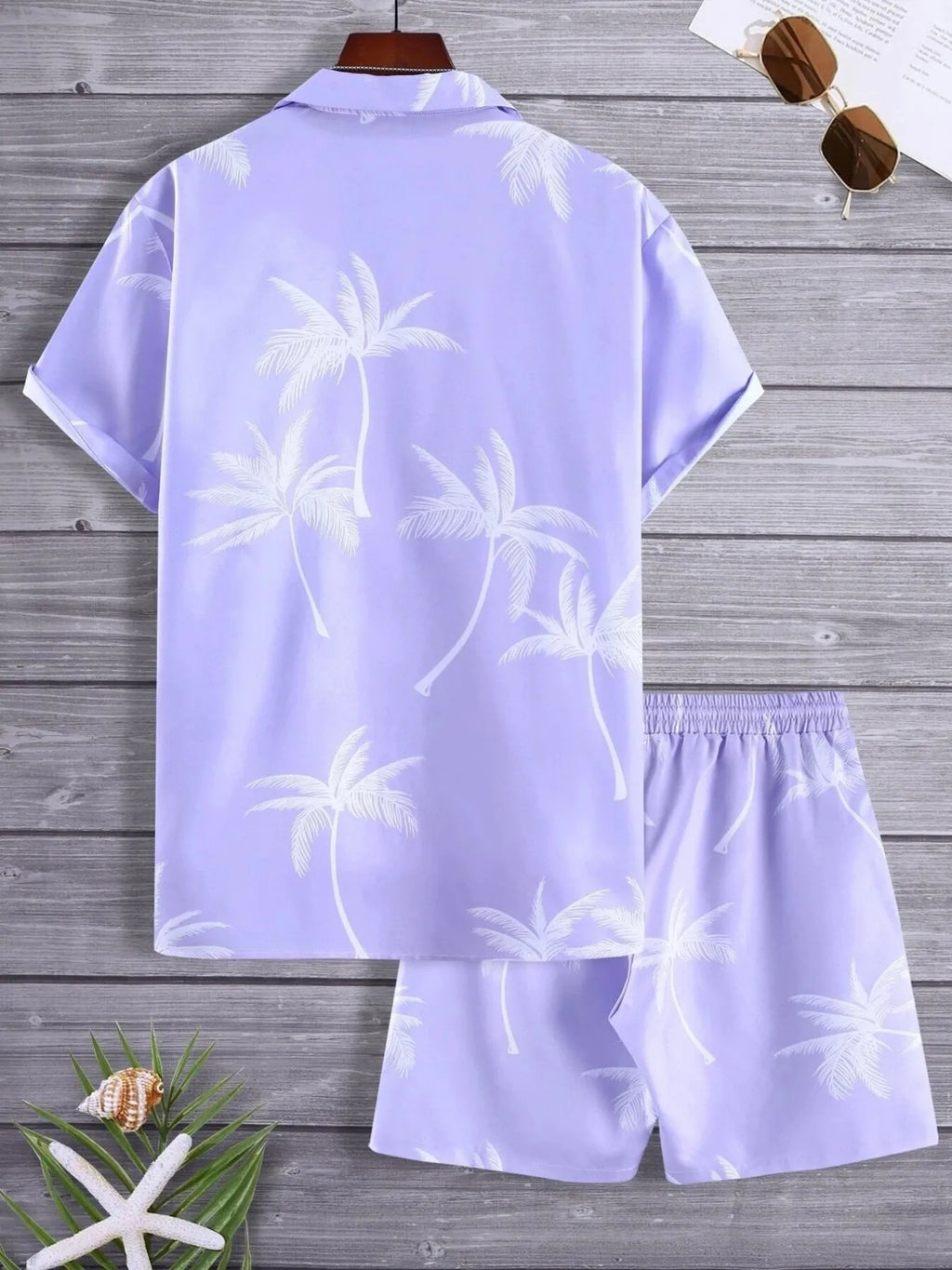 Palm Print Button Up Shirt and Shorts Set Plus Size in Black for Men