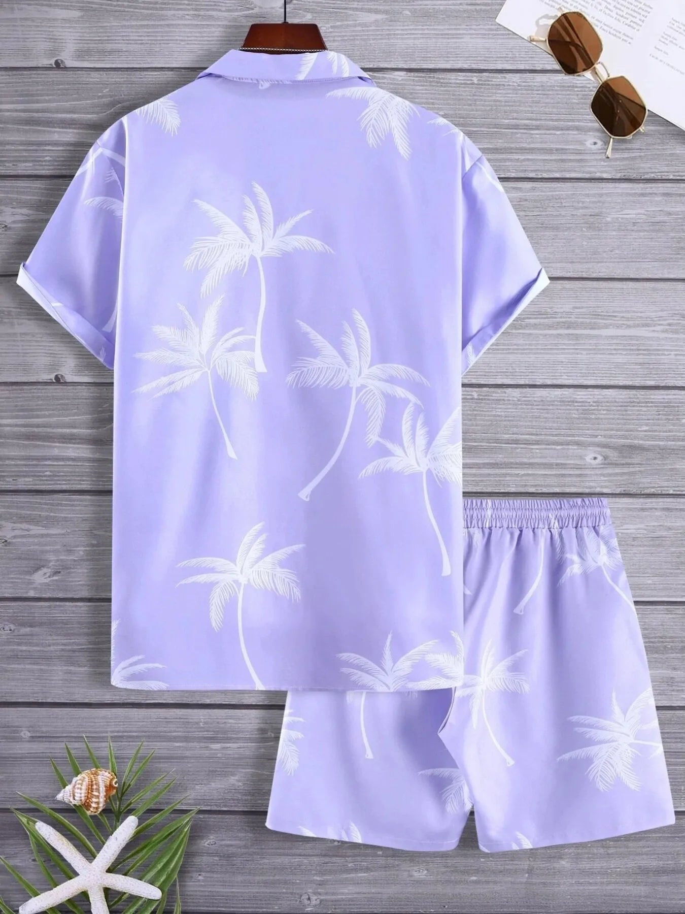 Palm Print Button Up Shirt and Shorts Set Plus Size in Black for Men