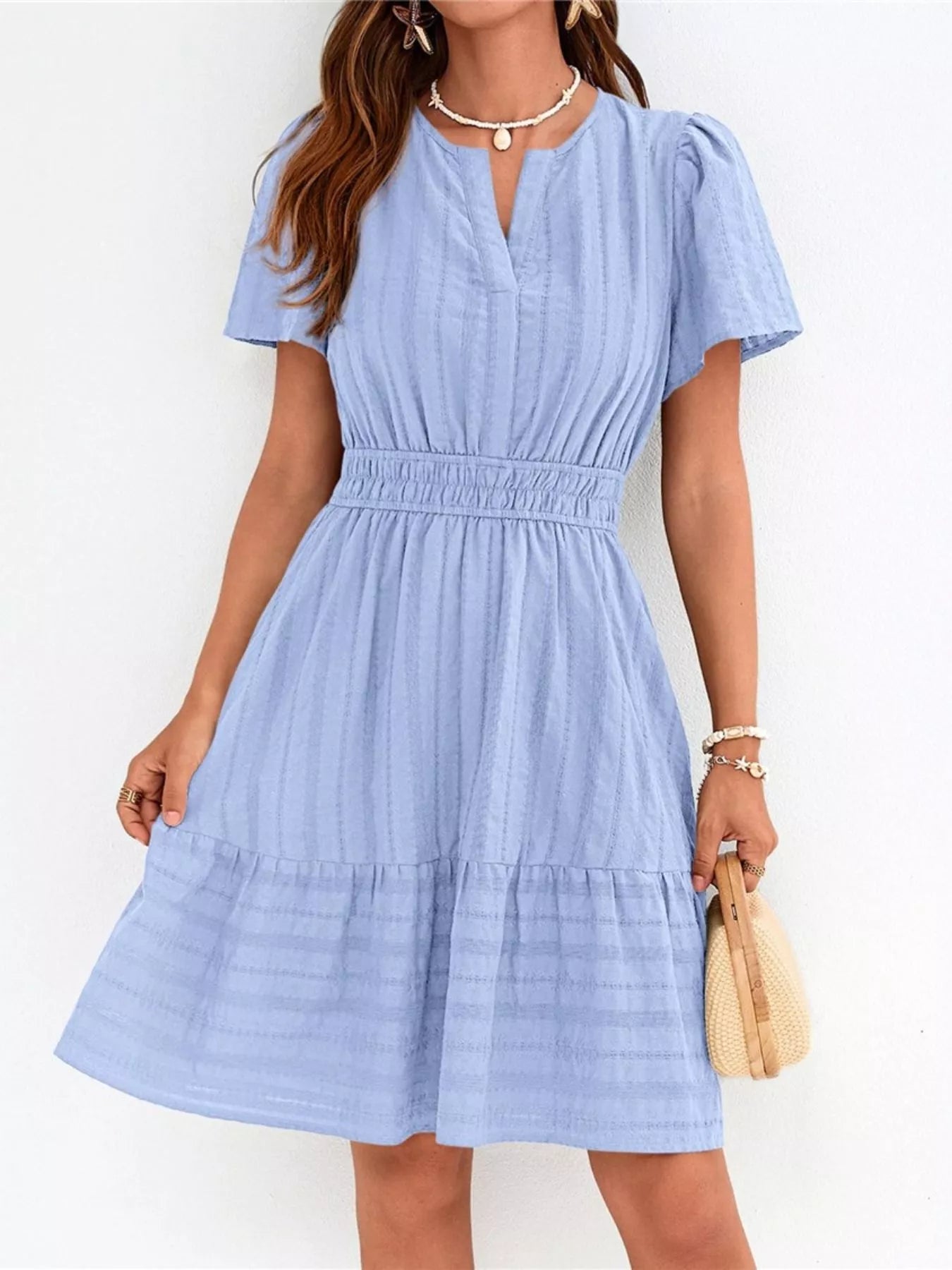 Short Sleeve Smocked Waist Tiered Dress in Red for Women