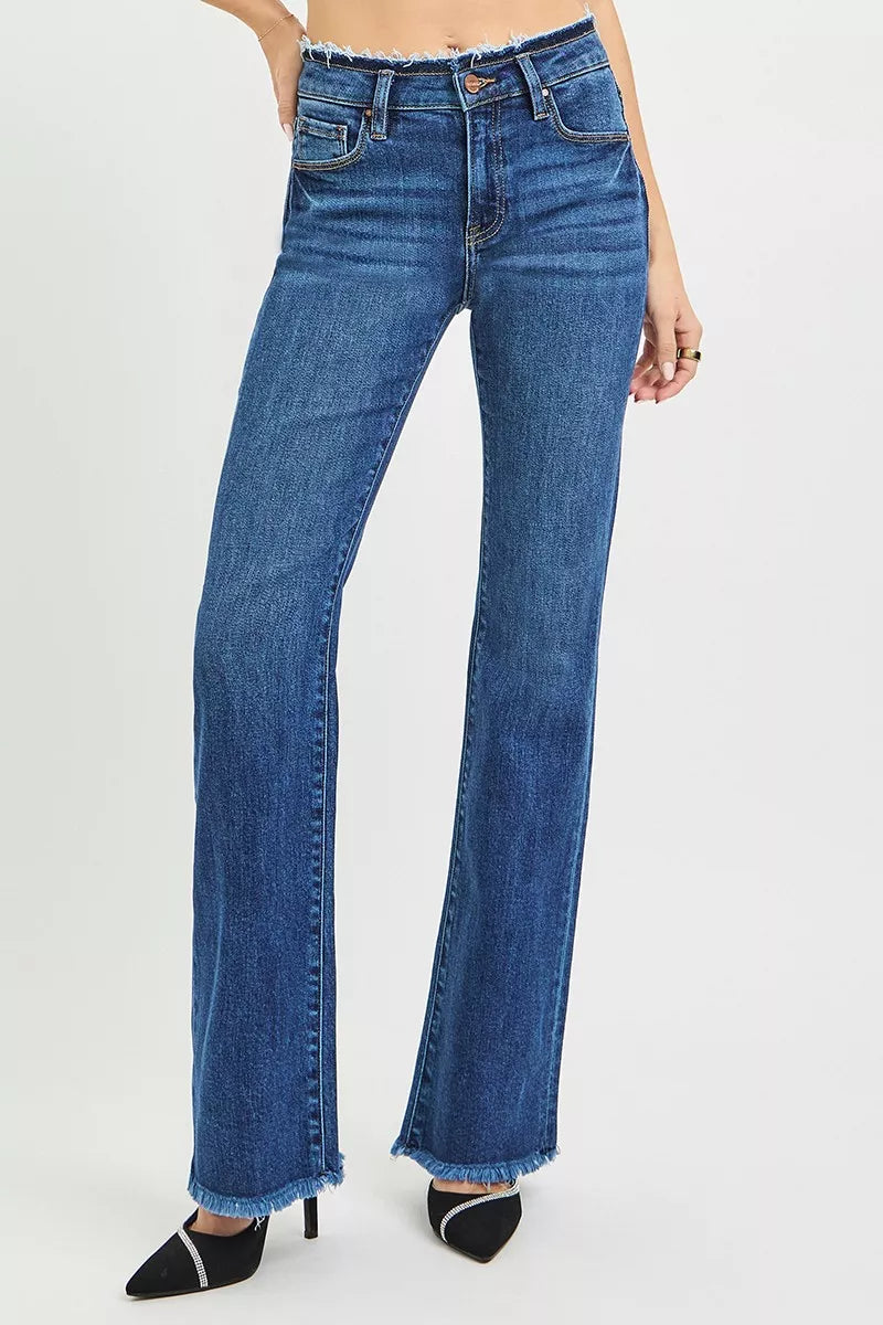 Mid Rise Bootcut Frayed Waistband Hem Detail Jeans Plus Size in Dark for Women