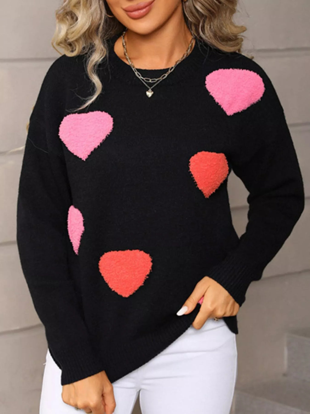 Valentines Day Heart Pattern Long Sleeve Sweater in Black for Women