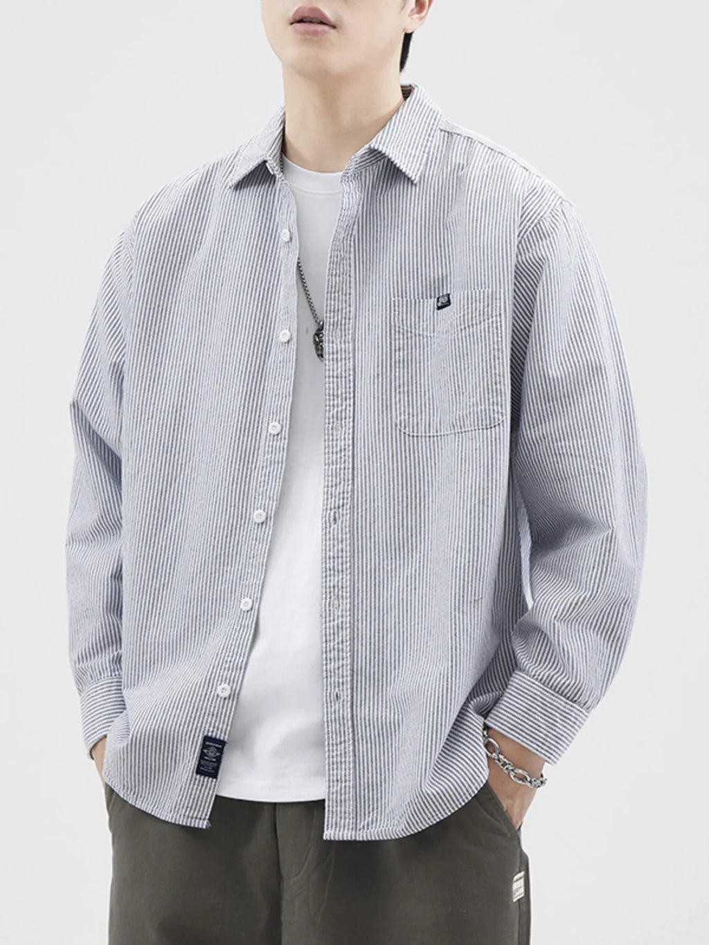 Plus Size Striped Button Up Long Sleeve Shirt in Light Blue for Men