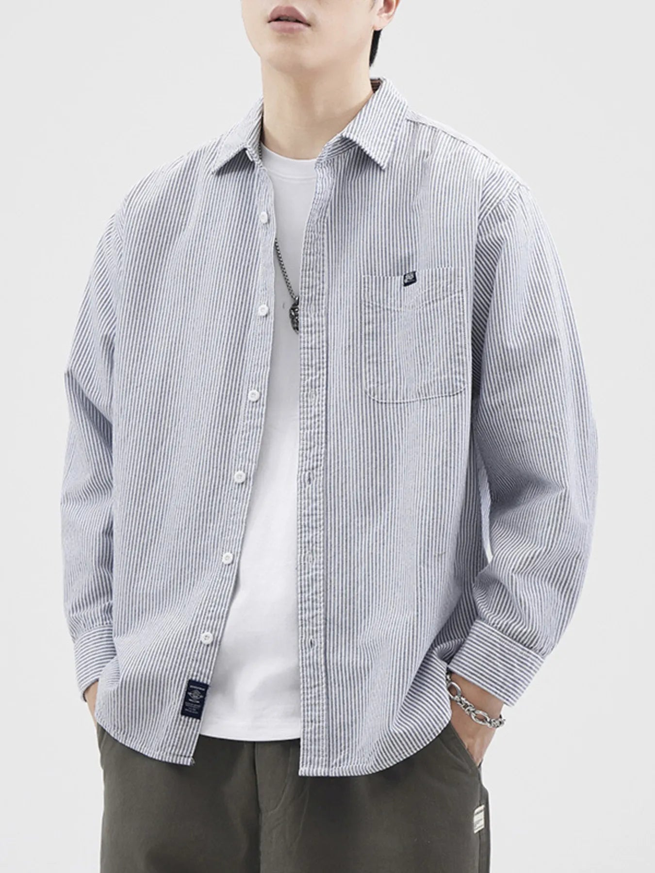 Plus Size Striped Button Up Long Sleeve Shirt in Light Blue for Men