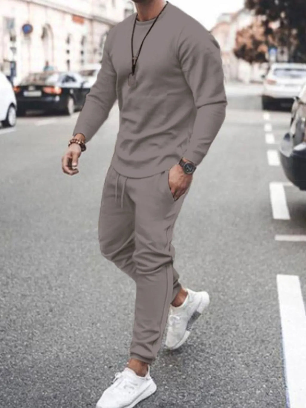 Round Neck Long Sleeve Top and Pants Set Plus Size in White for Men