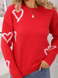 Valentines Day Heart Print Crew Neck Sweater in Red for Women