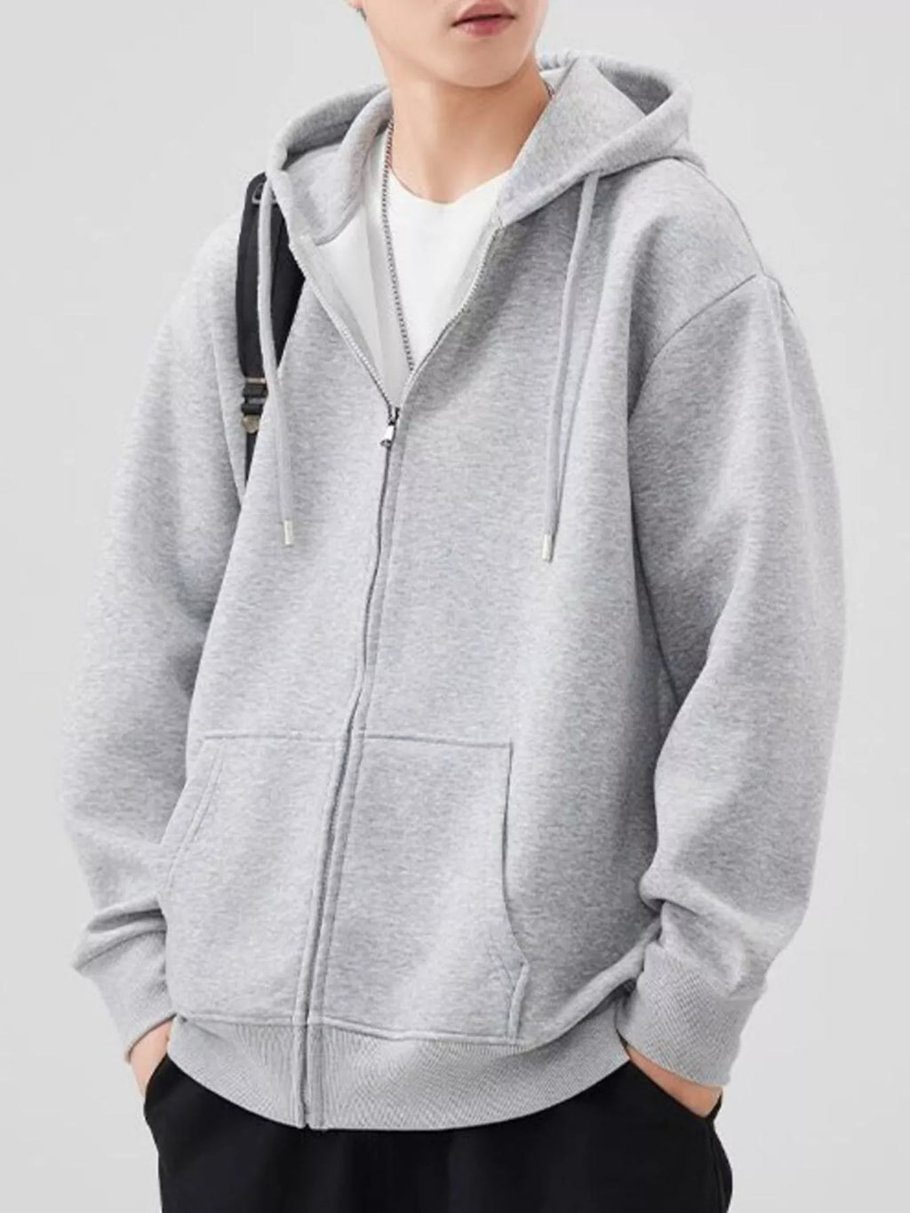 Plus Size Solid Color Zip-Up Hoodie in Dark Gray for Men